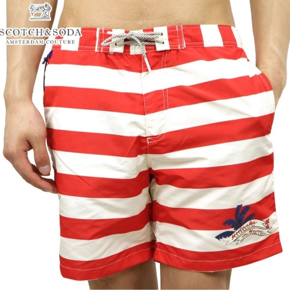 Scotch & Soda KEONI Bold Red and White Striped Swim Trunks Size Small